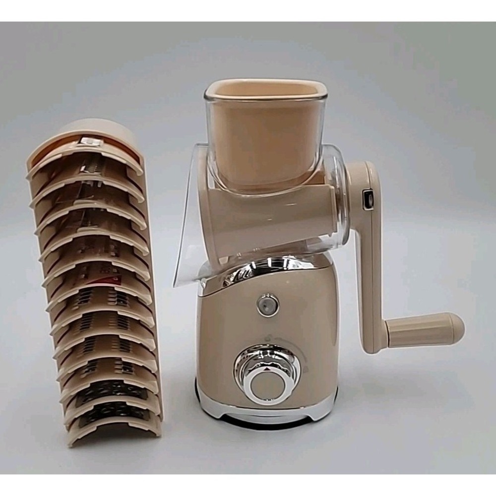 Manual Rotary Cheese Vegetable Grater Shredder Suction Base & 12 Blades Beige
